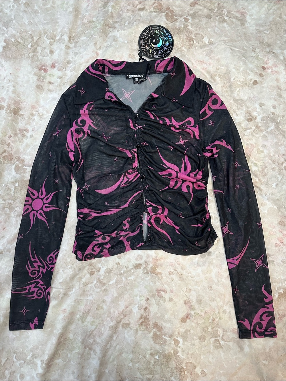 Dolls Kill Black Sheer Mesh Button-Front Top with Pink Graphic Print